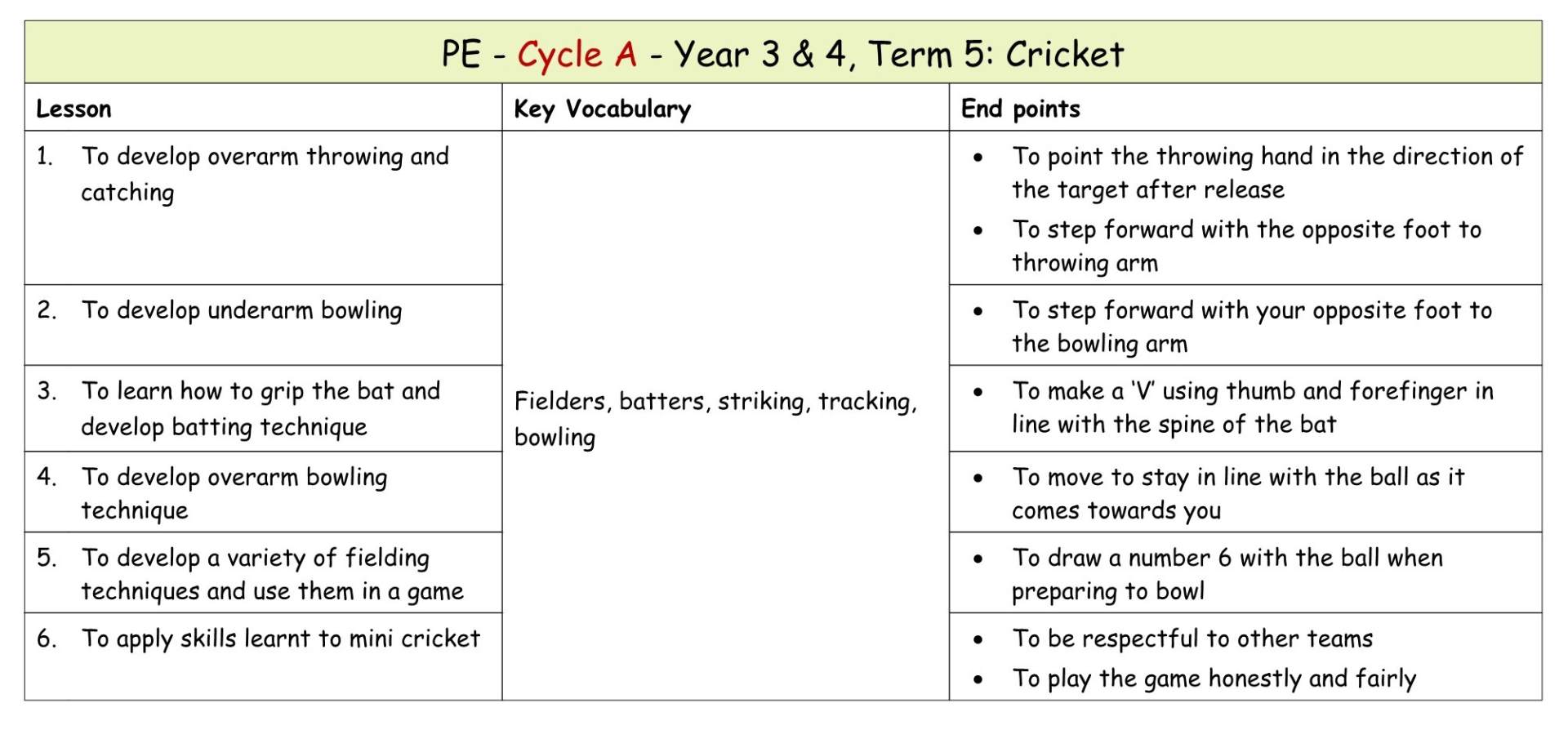 Yr 4 Term 5 Cricket